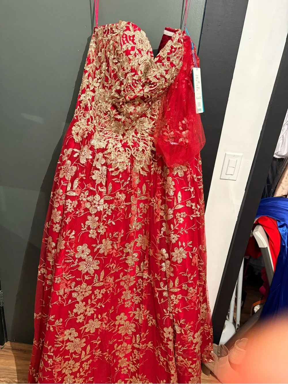 Layla K red Embroidered Ball Gown Dress with Gold Floral Appliqué